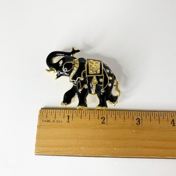 Vintage Elephant Brooch Pin Black Enamel Rhinestone Gold Tone Trunk Up - Picture 3 of 5